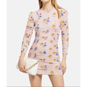 NWOT Ganni Lined Pink Ruched Sheer Mesh Sleeves Floral Mini Dress Women's Medium